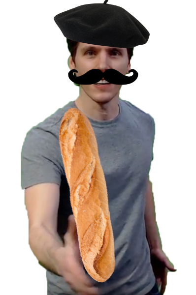 Jerma, with a baret, mustache, and baguette photoshopped onto him
