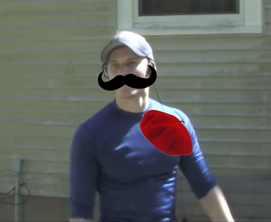 Jerma with a mustache photoshopped on his face and a baret photoshopped on his boob.