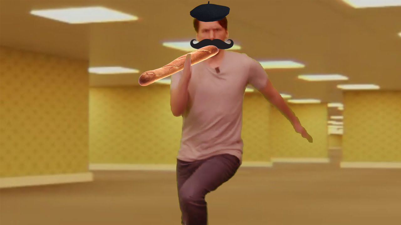 Jerma photoshopped with a baret, mustache, and baguette, and running through the backrooms